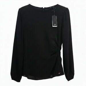 NWT | Armani Exchange Black Side-Ruched Long Sleeve Puff Shoulder Blouse | Small